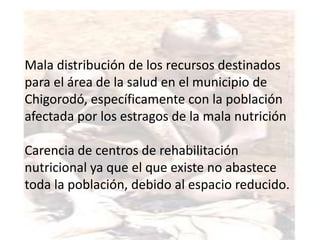 Mala distribución de los recursos destinados
para el área de la salud en el municipio de
Chigorodó, específicamente con la población
afectada por los estragos de la mala nutrición

Carencia de centros de rehabilitación
nutricional ya que el que existe no abastece
toda la población, debido al espacio reducido.
 
