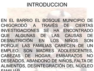 INTRODUCCION

EN EL BARRIO EL BOSQUE MUNICIPIO DE
CHIGORODÓ A TRAVÉS DE CIERTAS
INVESTIGACIONES SE HA ENCONTRADO
QUE ALGUNAS DE LAS CAUSAS DE
DESNUTRICIÓN EN LOS NIÑOS SON
PORQUE LAS FAMILIAS CARECEN DE UN
EMPLEO, SON MADRES ADOLESCENTES,
CABEZAS DE HOGAR, EMBARAZOS NO
DESEADOS, ABANDONO DE NIÑOS, FALTA DE
ALIMENTOS, DESINTEGRACIÓN DEL NÚCLEO
 
