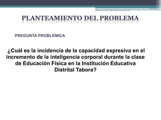 PREGUNTA PROBLEMICA


 ¿Cuál es la incidencia de la capacidad expresiva en el
incremento de la inteligencia corporal durante la clase
    de Educación Física en la Institución Educativa
                   Distrital Tabora?
 