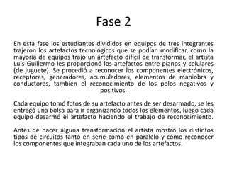 Fase 2
En esta fase los estudiantes divididos en equipos de tres integrantes
trajeron los artefactos tecnológicos que se podían modificar, como la
mayoría de equipos trajo un artefacto difícil de transformar, el artista
Luis Guillermo les proporcionó los artefactos entre pianos y celulares
(de juguete). Se procedió a reconocer los componentes electrónicos,
receptores, generadores, acumuladores, elementos de maniobra y
conductores, también el reconocimiento de los polos negativos y
                               positivos.
Cada equipo tomó fotos de su artefacto antes de ser desarmado, se les
entregó una bolsa para ir organizando todos los elementos, luego cada
equipo desarmó el artefacto haciendo el trabajo de reconocimiento.
Antes de hacer alguna transformación el artista mostró los distintos
tipos de circuitos tanto en serie como en paralelo y cómo reconocer
los componentes que integraban cada uno de los artefactos.
 