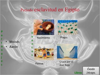 Periodo esclavitud     en Egipto


P                 E
e                 v    Nacimiento    Plagas
r                 e
s • Moisés        n
o • Aarón         t
n                 o
a                 s
j
e                                   Cruce por el
s                     Pascua
                                    mar Rojo
                                                             Éxodo
                                                   Libros   14caps.
 