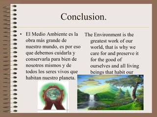 Conclusion.
• El Medio Ambiente es la The Environment is the
  obra más grande de        greatest work of our
  nuestro mundo, es por eso world, that is why we
  que debemos cuidarla y    care for and preserve it
  conservarla para bien de  for the good of
  nosotros mismos y de      ourselves and all living
  todos los seres vivos que beings that habit our
  habitan nuestro planeta.  planet
 