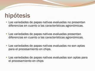 hipótesis
 Las variedades de papas nativas evaluadas no presentan
  diferencias en cuanto a las características agronómicas.

 Las variedades de papas nativas evaluadas presentan
  diferencias en cuanto a las características agronómicas.

 Las variedades de papas nativas evaluadas no son aptas
  para el procesamiento en chips.

 Las variedades de papas nativas evaluadas son aptas para
  el procesamiento en chips
 