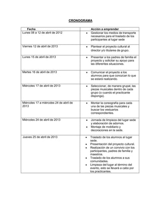 CRONOGRAMA

   Fecha                                    Acción a emprender
Lunes 08 a 12 de abril de 2012              Gestionar los medios de transporte
                                            necesarios para el traslado de los
                                            participantes al lugar sede

Viernes 12 de abril de 2013                 Plantear el proyecto cultural al
                                            director y/o titulares de grupo.

Lunes 15 de abril de 2013                   Presentar a los padres de familia el
                                            proyecto y solicitar su apoyo para
                                            las diferentes situaciones.

Martes 16 de abril de 2013                  Comunicar el proyecto a los
                                            alumnos para que conozcan lo que
                                            se estará realizando.

Miércoles 17 de abril de 2013               Seleccionar, de manera grupal, las
                                            piezas musicales dentro de cada
                                            grupo (o cuando el practicante
                                            disponga).

Miércoles 17 a miércoles 24 de abril de     Montar la coreografía para cada
2013                                        una de las piezas musicales y
                                            buscar los vestuarios
                                            correspondientes.

Miércoles 24 de abril de 2013               Jornada de limpieza del lugar sede
                                            y elaboración de adornos.
                                            Montaje de mobiliario y
                                            decoraciones en la sede.

Jueves 25 de abril de 2013                  Traslado de los alumnos al lugar
                                            sede.
                                            Presentación del proyecto cultural.
                                            Realización de un convivio con los
                                            participantes, padres de familia y
                                            maestros.
                                            Traslado de los alumnos a sus
                                            comunidades.
                                            Limpieza del lugar al término del
                                            evento, esto se llevará a cabo por
                                            los practicantes.
 