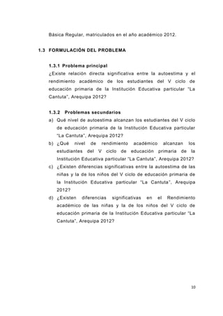 10
Básica Regular, matriculados en el año académico 2012.
1.3 FORMULACIÓN DEL PROBLEMA
1.3.1 Problema principal
¿Existe relación directa significativa entre la autoestima y el
rendimiento académico de los estudiantes del V ciclo de
educación primaria de la Institución Educativa particular “La
Cantuta”, Arequipa 2012?
1.3.2 Problemas secundarios
a) Qué nivel de autoestima alcanzan los estudiantes del V ciclo
de educación primaria de la Institución Educativa particular
“La Cantuta”, Arequipa 2012?
b) ¿Qué nivel de rendimiento académico alcanzan los
estudiantes del V ciclo de educación primaria de la
Institución Educativa particular “La Cantuta”, Arequipa 2012?
c) ¿Existen diferencias significativas entre la autoestima de las
niñas y la de los niños del V ciclo de educación primaria de
la Institución Educativa particular “La Cantuta”, Arequipa
2012?
d) ¿Existen diferencias significativas en el Rendimiento
académico de las niñas y la de los niños del V ciclo de
educación primaria de la Institución Educativa particular “La
Cantuta”, Arequipa 2012?
 