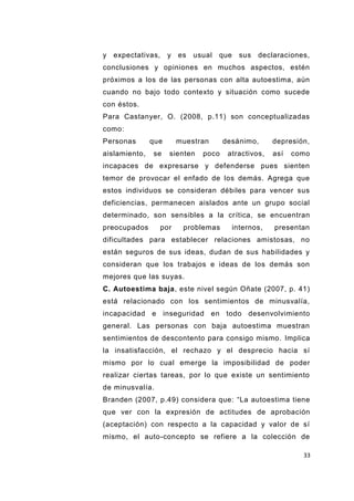 33
y expectativas, y es usual que sus declaraciones,
conclusiones y opiniones en muchos aspectos, estén
próximos a los de las personas con alta autoestima, aún
cuando no bajo todo contexto y situación como sucede
con éstos.
Para Castanyer, O. (2008, p.11) son conceptualizadas
como:
Personas que muestran desánimo, depresión,
aislamiento, se sienten poco atractivos, así como
incapaces de expresarse y defenderse pues sienten
temor de provocar el enfado de los demás. Agrega que
estos individuos se consideran débiles para vencer sus
deficiencias, permanecen aislados ante un grupo social
determinado, son sensibles a la crítica, se encuentran
preocupados por problemas internos, presentan
dificultades para establecer relaciones amistosas, no
están seguros de sus ideas, dudan de sus habilidades y
consideran que los trabajos e ideas de los demás son
mejores que las suyas.
C. Autoestima baja, este nivel según Oñate (2007, p. 41)
está relacionado con los sentimientos de minusvalía,
incapacidad e inseguridad en todo desenvolvimiento
general. Las personas con baja autoestima muestran
sentimientos de descontento para consigo mismo. Implica
la insatisfacción, el rechazo y el desprecio hacia sí
mismo por lo cual emerge la imposibilidad de poder
realizar ciertas tareas, por lo que existe un sentimiento
de minusvalía.
Branden (2007, p.49) considera que: “La autoestima tiene
que ver con la expresión de actitudes de aprobación
(aceptación) con respecto a la capacidad y valor de sí
mismo, el auto-concepto se refiere a la colección de
 