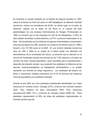 30
En Colombia un estudio realizado por el Instituto de Seguros Sociales en 1997,
sobre el síndrome de túnel del carpo en 248 trabajadores de diferente actividad
económica, mostró una prevalencia del 20,9%, en primer lugar en el sector de
alimentos, seguido por el sector de las flores en un estudio del perfil
epidemiológico de una empresa Administradora de Riesgos Profesionales en
1998, se encontró que en las empresas de más de 60 trabajadores, el 29% de
ellos estaban sometidos a sobre-esfuerzo y el 51% a posturas inadecuadas en su
labor. Se ha estimado que la incidencia de algunas enfermedades ocupacionales,
entre las que figuran las LME, presentó una incidencia de 68 063 casos en 1985 y
llevaron a los 101 645 casos en el 2000. En una revisión realizada durante los
años de 1997 y 2000 en la unidad de la Salud donde son atendidos los
administrativos de la universidad del Cauca, se encontró que la atención en el
servicio de Fisioterapia durante ese periodo fue de 7 397 sesiones y el motivo de
remisión fue dolor músculo-esquelético, razón importante para el planteamiento y
desarrollo del presente estudio, cuyo propósito fue establecer la diferencia de las
lesiones músculo-esqueléticas en trabajadores administrativos y su posible
asociación con factores de riesgo ergonómico. Los resultados del estudio nos
llevan a recomendar medidas preventivas con el fin de disminuir los trastornos
músculo-esqueléticos en la población afectada.
Durante el año 2004, las cinco patologías profesionales identificadas con mayor
frecuencia en hombres fueron: lumbago (27%), síndrome del conducto carpiano
(SCC 13%), trastorno de disco intervertebral (TDIV 12%), hipoacusia
neurosensorial (SNS 11%), y síndrome de manguito rotador (SMR 6%). Estas
patologías representaron el 69% de todas las patologías diagnosticadas en
hombres durante ese año.
 