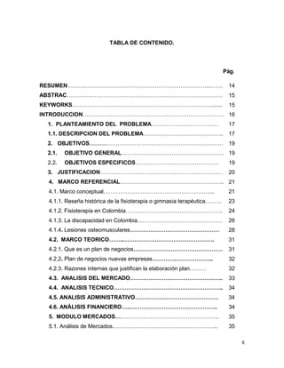 6
TABLA DE CONTENIDO.
Pág.
RESUMEN…………………………………………………………………..……. 14
ABSTRAC………………………………………………………………………… 15
KEYWORKS…………………………………………………………………....... 15
INTRODUCCION…………………………………………………………………. 16
1. PLANTEAMIENTO DEL PROBLEMA……………………………… 17
1.1. DESCRIPCION DEL PROBLEMA……………………………………. 17
2. OBJETIVOS...........……………………………………………………… 19
2.1. OBJETIVO GENERAL………………………………………………. 19
2.2. OBJETIVOS ESPECIFICOS……………………………………… 19
3. JUSTIFICACION………………………………………………………… 20
4. MARCO REFERENCIAL……………………………………………….. 21
4.1. Marco conceptual…………………………………………………... 21
4.1.1. Reseña histórica de la fisioterapia o gimnasia terapéutica……… 23
4.1.2. Fisioterapia en Colombia……………………………………………. 24
4.1.3. La discapacidad en Colombia.……………………………………… 26
4.1.4. Lesiones osteomusculares………………………………………… 28
4.2. MARCO TEORICO……..…………………………………………. 31
4.2.1. Que es un plan de negocios………………………………………… 31
4.2.2. Plan de negocios nuevas empresas………….……………….. 32
4.2.3. Razones internas que justifican la elaboración plan……… 32
4.3. ANALISIS DEL MERCADO………………………………………….. 33
4.4. ANALISIS TECNICO………………………………………………….. 34
4.5. ANALISIS ADMINISTRATIVO……………………………………… 34
4.6. ANÁLISIS FINANCIERO…..……………………………………….. 34
5. MODULO MERCADOS……………………………………………….. 35
5.1. Análisis de Mercados.……………………………………………….. 35
 