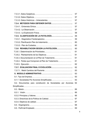 8
7.3.3.1. Datos Subjetivos…………………………………………………….. 57
7.3.3.2. Datos Objetivos……………………………………………………… 57
7.3.3.3. Datos Históricos – Antecedentes…………………………………. 57
7.3.4. METODOS PARA OBTENER DATOS…………………………….. 57
7.3.4.1. Entrevista Clínica…………………………………………………… 57
7.3.4.2. La Observación……………..…………………………………….... 57
7.3.4.3. La Exploración Física………………………………………………. 58
7.3.5. CLASIFICACIÓN DE LA PATOLOGÍA…………………………….. 58
7.3.5.1. Diagnóstico Fisioterapéutico……………………………………… 59
7.3.5.2. Planificación Plan de tratamiento…………………………………. 60
7.3.5.3. Plan de Cuidados………………………………………………….. 60
7.3.6 REHABILITACION SEGÚN LA PATOLOGÍA……………………. 60
7.3.6.1. Determinación de Prioridades……………………………………. 61
7.3.6.2. Planteamiento de los Objetivos…………………………………… 61
7.3.6.3. Documentación en el Plan de Tratamiento………………………. 61
7.3.6.4. Partes que Componen el Plan de Tratamiento…………………. 61
7.3.6.5. Ejecución……………………………………………………………. 62
7.3.7. EVALUACION FINAL O EVOLUCIÓN…………………………….. 62
7.3.7.1. Medir Cambios del Paciente………………………………………. 63
8. MODULO ADMINISTRATIVO…………………………………………… 63
8.1. Tipo de Empresa………………………………………………………….. 63
8.1.1 Sociedades Por Acciones Simplificadas……………………………. 63
8.2. Documentos para constitución de Sociedades por Acciones
Simplificadas…………………………………………………………………….
64
8.3. Misión……………………………………………………………………… 66
8.3.1. Visión……………………………………………………………………. 66
8.3.2. Principios y Valores…………………………………………………….. 66
8.3.3. Directrices de la Política de Calidad………………………………….. 67
8.3.4. Objetivos de calidad…………………………………………………… 67
8.4. Organigrama……………………………………………………………… 68
8.5. Perfil del Empleado……………………………………………………… 69
 