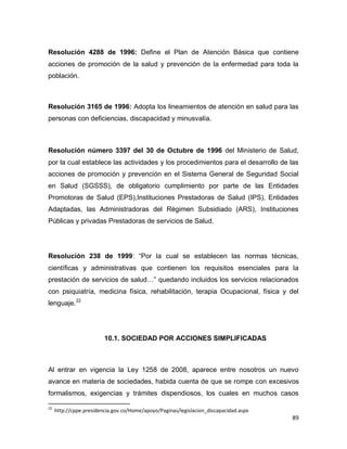 89
Resolución 4288 de 1996: Define el Plan de Atención Básica que contiene
acciones de promoción de la salud y prevención de la enfermedad para toda la
población.
Resolución 3165 de 1996: Adopta los lineamientos de atención en salud para las
personas con deficiencias, discapacidad y minusvalía.
Resolución número 3397 del 30 de Octubre de 1996 del Ministerio de Salud,
por la cual establece las actividades y los procedimientos para el desarrollo de las
acciones de promoción y prevención en el Sistema General de Seguridad Social
en Salud (SGSSS), de obligatorio cumplimiento por parte de las Entidades
Promotoras de Salud (EPS),Instituciones Prestadoras de Salud (IPS), Entidades
Adaptadas, las Administradoras del Régimen Subsidiado (ARS), Instituciones
Públicas y privadas Prestadoras de servicios de Salud.
Resolución 238 de 1999: “Por la cual se establecen las normas técnicas,
científicas y administrativas que contienen los requisitos esenciales para la
prestación de servicios de salud…” quedando incluidos los servicios relacionados
con psiquiatría, medicina física, rehabilitación, terapia Ocupacional, física y del
lenguaje.22
10.1. SOCIEDAD POR ACCIONES SIMPLIFICADAS
Al entrar en vigencia la Ley 1258 de 2008, aparece entre nosotros un nuevo
avance en materia de sociedades, habida cuenta de que se rompe con excesivos
formalismos, exigencias y trámites dispendiosos, los cuales en muchos casos
22
http://cppe.presidencia.gov.co/Home/apoyo/Paginas/legislacion_discapacidad.aspx
 