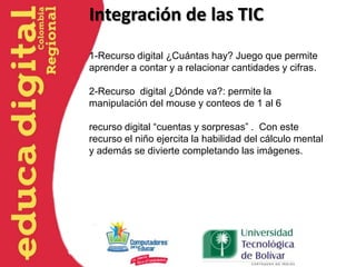 Integración de las TIC
1-Recurso digital ¿Cuántas hay? Juego que permite
aprender a contar y a relacionar cantidades y cifras.
2-Recurso digital ¿Dónde va?: permite la
manipulación del mouse y conteos de 1 al 6
recurso digital “cuentas y sorpresas” . Con este
recurso el niño ejercita la habilidad del cálculo mental
y además se divierte completando las imágenes.
 