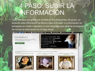 4 PASO: SUBIR LA
INFORMACIÓN:
• Cada temática por grado fue dividida en los integrantes del grupo, ya
teniendo esta información se lleva a cabo el 4 paso. La información es
entregada en medio magnético a una integrante que sería la encargada
de montar la información en el blog virtual

 
