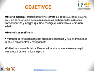 OBJETIVOS
Objetivo general: Implementar una estrategia educativa para elevar el
nivel de conocimiento en las adolescentes embarazadas sobre las
consecuencias y riesgos que trae consigo el embarazo a temprana
edad.
Objetivos específicos:
•Promover la reflexión conjunta entre adolescentes y sus padres sobre
la salud reproductiva y responsable
•Reflexionar sobre la iniciación sexual, el embarazo adolescente y lo
que ambas problemáticas implican.