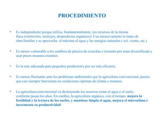 PROCEDIMIENTO
•

Es independiente porque utiliza, fundamentalmente, los recursos de la misma
finca (estiércoles, rastrojos, desperdicios orgánicos). Usa intensivamente la mano de
obra familiar y se aprovecha al máximo el agua y las energías naturales ( sol, viento, etc.)

•

Es menos vulnerable a los cambios de precios de cosechas e insumos por estar diversificada y
usar pocos insumos externos.

•

Es la más adecuada para pequeños productores por ser más eficiente.

•

Es menos fluctuante ante los problemas ambientales que la agricultura convencional, puesto
que casi siempre funcionará en condiciones óptimas de climas e insumos.

•

La agricultura convencional va destruyendo los recursos como el agua y el suelo,
conforme pasan los años. En cambio, la agricultura orgánica, con el tiempo, mejora la 
fertilidad y la textura de los suelos, y mantiene limpia el agua, mejora el microclima e 
incrementa su productividad.

 