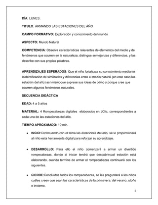 DÍA: LUNES.
TITULO: ARMANDO LAS ESTACIONES DEL AÑO
CAMPO FORMATIVO: Exploración y conocimiento del mundo
ASPECTO: Mundo Natural
COMPETENCIA: Observa características relevantes de elementos del medio y de
fenómenos que ocurren en la naturaleza; distingue semejanzas y diferencias, y las
describe con sus propias palabras.

APRENDIZAJES ESPERADOS: Que el niño fortalezca su conocimiento mediante
laidentificación de similitudes y diferencias entre el medio natural (en este caso las
estación del año) así mismoque exprese sus ideas de cómo y porque cree que
ocurren algunos fenómenos naturales.
SECUENCIA DIDÁCTICA
EDAD: 4 a 5 años
MATERIAL: 4 Rompecabezas digitales elaborados en JClic, correspondientes a
cada una de las estaciones del año.
TIEMPO APROXIMADO: 10 min.
INCIO:Continuando con el tema las estaciones del año, se le proporcionará
al niño esta herramienta digital para reforzar su aprendizaje.

DESARROLLO: Para ello el niño comenzará a armar un divertido
rompecabezas, donde al iniciar tendrá que descubrircual estación está
elaborando, cuando termine de armar el rompecabezas continuará con los
siguientes.
CIERRE:Concluidos todos los rompecabezas, se les preguntará a los niños
cuáles creen que sean las características de la primavera, del verano, otoño
e invierno.
5

 