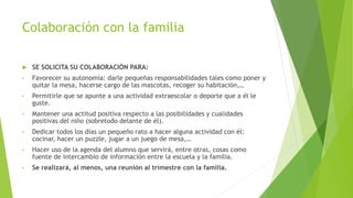 Colaboración con la familia
 SE SOLICITA SU COLABORACIÓN PARA:
• Favorecer su autonomía: darle pequeñas responsabilidades tales como poner y
quitar la mesa, hacerse cargo de las mascotas, recoger su habitación,…
• Permitirle que se apunte a una actividad extraescolar o deporte que a él le
guste.
• Mantener una actitud positiva respecto a las posibilidades y cualidades
positivas del niño (sobretodo delante de él).
• Dedicar todos los días un pequeño rato a hacer alguna actividad con él:
cocinar, hacer un puzzle, jugar a un juego de mesa,…
• Hacer uso de la agenda del alumno que servirá, entre otras, cosas como
fuente de intercambio de información entre la escuela y la familia.
• Se realizará, al menos, una reunión al trimestre con la familia.
 