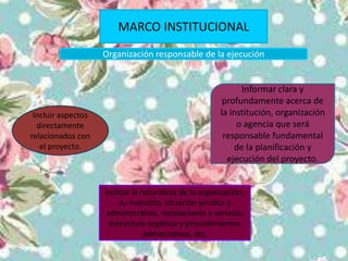 Organización responsable de la ejecución
Incluir aspectos
directamente
relacionados con
el proyecto.
Indicar la naturaleza de la organización,
su mandato, situación jurídica y
administrativa, instalaciones y servicio,
estructura orgánica y procedimientos
admistrativos, etc.
MARCO INSTITUCIONAL
Informar clara y
profundamente acerca de
la institución, organización
o agencia que será
responsable fundamental
de la planificación y
ejecución del proyecto.
 