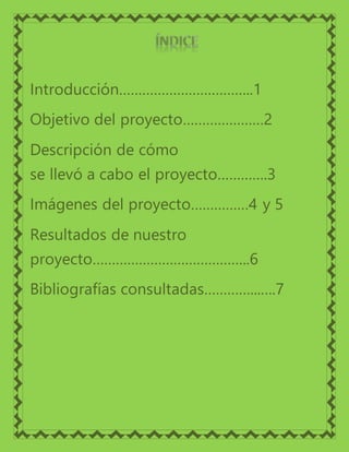 Introducción……………………………..1
Objetivo del proyecto…………………2
Descripción de cómo
se llevó a cabo el proyecto………….3
Imágenes del proyecto……………4 y 5
Resultados de nuestro
proyecto…………………………………..6
Bibliografías consultadas…………...….7
 