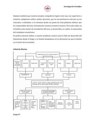 Investigación Científica
dejamos también que nuestros propios compañeros logren creer que son superiores a
nosotros, adoptamos estilos, modas, dicciones, que no nos pertenecen solo por no ser
criticados o señalados; si lo miramos desde ese punto de vista podemos deducir que
los responsables directos virtualmente seriamos nosotros mismos. Pero todo radica en
la familia como núcleo de sociedad de allí nace, se desarrolla y se cultiva la autoestima
del ciudadano ecuatoriano.
Se podría entonces definir a nuestro problema central como la falta de desarrollo del
Autoestima desde el hogar y en familia basándonos en la afirmación de que la familia
es el núcleo de la sociedad.
Arbol de Efectos
Grupo N°
 