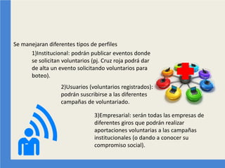 Se manejaran diferentes tipos de perfiles 
1)Institucional: podrán publicar eventos donde se solicitan voluntarios (pj. Cruz roja podrá dar de alta un evento solicitando voluntarios para boteo). 
2)Usuarios (voluntarios registrados): podrán suscribirse a las diferentes campañas de voluntariado. 
3)Empresarial: serán todas las empresas de diferentes giros que podrán realizar aportaciones voluntarias a las campañas institucionales (o dando a conocer su compromiso social).  