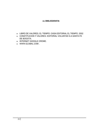 13. BIBLIOGRAFIA 
· LIBRO DE VALORES, EL TIEMPO. CASA EDITORIAL EL TIEMPO. 2002 
· CONSTITUCION Y VALORES. EDITORIAL VOLUN...