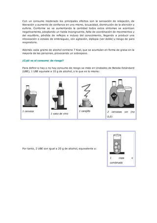 Con un consumo moderado los principales efectos son la sensación de relajación, de 
liberación y aumento de confianza en uno mismo, locuacidad, disminución de la atención y 
euforia. Conforme se va aumentando la cantidad todos estos síntomas se acentúan 
negativamente, adoptando un habla incongruente, falta de coordinación de movimientos y 
del equilibrio, pérdida de reflejos e incluso del conocimiento, llegando a producir una 
intoxicación o estado de embriaguez, con agitación, diplopia (ver doble) y riesgo de paro 
respiratorio. 
Además cada gramo de alcohol contiene 7 Kcal, que se acumulan en forma de grasa en la 
mayoría de las personas, provocando un sobrepeso. 
¿Cuál es el consumo de riesgo? 
Para definir si hay o no hay consumo de riesgo se mide en Unidades de Bebida Estándard 
(UBE), 1 UBE equivale a 10 g de alcohol, o lo que es lo mismo: 
1 cerveza 
1 vaso de vino 
1 carajillo 
2 cervezas sin (no 
0,0) 
Por tanto, 2 UBE son igual a 20 g de alcohol, equivalente a: 
1 copa o 
combinado 
 