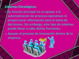 Sistemas Estratégicos. 
o Su función principal no es apoyar a la 
automatización de procesos operativos ni 
proporcionar información para la toma de 
decisiones. Sin embargo, este tipo de sistemas 
puede llevar a cabo dichas funciones. 
o Apoyan el proceso de innovación dentro de la 
empresa. 
 