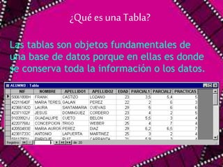 ¿Qué es una Tabla? 
Las tablas son objetos fundamentales de 
una base de datos porque en ellas es donde 
se conserva toda la información o los datos. 
 