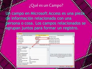 ¿Qué es un Campo? 
Un campo en Microsoft Access es una pieza 
de información relacionada con una 
persona o cosa. Los campos relacionados se 
agrupan juntos para formar un registro. 
 