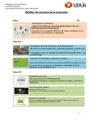 7 
Pedagogía en Educación Básica 
Facultad de Educación 
Universidad de Las Américas. Sede, Viña del Mar 
Detalles de recursos de la propuesta 
Clase N°1 
Clase N°2 
Clase N°3 
Presentación en Mindomo 
https://www.mindomo.com/mindmap/la-musica-en-los-nios-c709003bfa2a45e287bddf533525b230 
• Presentacion en programa Mindomo de mapa conceptual con la 
informacion de la estructura politica Inca 
Presentación en Prezi "Estructura de la sociedad Inca" 
•http://prezi.com/0axq-uufboya/?utm_campaign=share&utm_medium=copy 
• Presentacion que nos muestra las distinatas sociedades Incas y sus 
caracterizticas 
Evaluación en Educaplay la estructura social Inca 
http://www.educaplay.com/es/recursoseducativos/1662595/sociedad_inca_.htm 
Por medio de un crucigrama se evaluará lo aprendido sobre la 
estructura social del Imperio Inca 
Presentacion en Emaze 
•http://app.emaze.com/1202050/clase-3#1 
•la siguiente presentacion muestra los sistemas de regadio y parte de la 
cultura inca 
Video del Programa Mindomo 
• http://www.mindomo.com/es/ 
• Confeccionar un mapa conceptual con la herramienta de Mindomo 
Evaluacion en Educaplay 
• http://www.educaplay.com/es/recursoseducativos/1480022/el_imperio_de_los_andes.htm 
• Evaluacion por medio de preguntas de seleccion multiple 
 