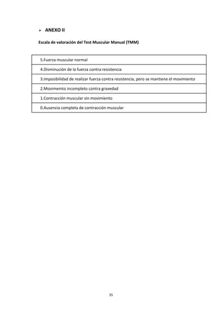 35 
 ANEXO II 
Escala de valoración del Test Muscular Manual (TMM) 
5.Fuerza muscular normal 4.Disminución de la fuerza contra resistencia 3.Imposibilidad de realizar fuerza contra resistencia, pero se mantiene el movimiento 2.Movimeinto incompleto contra gravedad 1.Contracción muscular sin movimiento 0.Ausencia completa de contracción muscular 
 