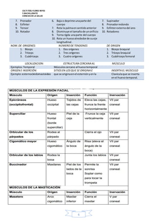 CELTI ITZEL FLORES REYES 
5 BACHILLERATO 
CIENCIAS DE LA SALUD 
6 
7. Pronador 
8. Esfínter 
9. Tensor 
10. Rotador 
6. Baja o deprime una parte del 
cuerpo 
7. Rota la palma en sentido anterior 
8. Disminuye el tamaño de un orificio 
9. Torna rígda una parte del cuerpo 
10. Rota un hueso alrededor de su eje 
longitudinal . 
7. Supinador 
8. Pronador redondo 
9. Esfínter externo del ano 
10. Rotadores 
NOM. DE ORIGENES: NÚMERO DE TENDONES DE ORIGEN 
1. Bíceps 
2. Tríceps 
3. Cuádriceps 
1. Dos orígenes 
2. Tres orígenes 
3. Cuatro orígenes 
1. Bíceps braquial 
2. Tríceps braquial 
3. Cuádriceps femoral 
LOCALIZACION: ESTRUCTURA CERCANA AL MÚSCULO 
Ejemplos: Temporal Músculos cercano al hueso temporal 
ORIGEN E INSERCIÓN: SITIOS EN LOS QUE SE ORIGINA E INSERTA EL MÚSCULO 
Ejemplo: esternocleidomastoideo que se origina en el esternón y en la Clavícula que se inserta 
en el huevo temporal. 
 