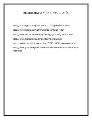 BIBLIOGRAFÍA Y /O LINKOGRAFÍA
http://fisiolvegetal.blogspot.mx/2012/10/giberelinas.html
http://inmortaldna.com/LMI/blog/2012/09/29/485/
http://www.efn.uncor.edu/dep/biologia/intrbiol/auxinas.htm
http://www.biologia.edu.ar/plantas/hormona.htm
http://soploncientifico.blogspot.mx/2013/10/fitohormonas.html
http://www.juanablog.com/tutoriales/fitohormonas-las-hormonas-
vegetales
http://fisiolvegetal.blogspot.mx/2012/10/gibe
relinas.html
http://inmortaldna.com/LMI/blog/2012/09/29
/485/
http://www.efn.uncor.edu/dep/biologia/intr
biol/auxinas.htm
http://www.biologia.edu.ar/plantas/hormon
a.htm
 