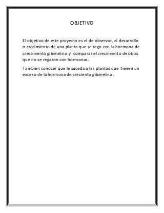 OBJETIVO
El objetivo de este proyecto es el de observar, el desarrollo
o crecimiento de una planta que se rego con la hormona de
crecimiento giberelina y comparar el crecimiento de otras
que no se regaron con hormonas.
También conocer que le suceda a las plantas que tienen un
exceso de la hormona de creciento giberelina .
 