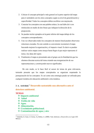 2. Colocar el concepto principal o más general en la parte superior del mapa
para ir uniéndolo con los otros conceptos según su nivel de generalización y
especificidad. Todos los conceptos deben escribirse con mayúscula.
3. Conectar los conceptos con una palabra enlace, la cual debe de ir con
minúsculas en medio de dos líneas que indiquen la dirección de la
proposición.
4. Se pueden incluir ejemplos en la parte inferior del mapa debajo de los
conceptos correspondientes.
5. Una vez observados todos los conceptos de manera lineal pueden observarse
relaciones cruzadas. En este sentido es conveniente reconstruir el mapa
buscando mejorar la organización y el impacto visual. Es decir se pueden
realizar varios mapas como ensayo hasta llegar al que mejor represente el
tema y las ideas del sujeto.
6. Finalmente el mapa es presentado ante el grupo con la finalidad de que los
alumnos discutan acerca del tema creando una reorganización de sus
representaciones y construyendo nuevos significados.
De este modo, se le hace fácil al asesor de temas de gran relevancia,
teniendo presente que los mapas conceptuales se organizan respetando la
jerarquización de los conceptos. Es así como esta estrategia puede ser utilizada para
cualquier temática de educación ambiental u otra temática.
3. A. Actividad.13
Desarrollo sustentable una alternativa ante el
deterioro ambiental.
TEMAS
Impacto ambiental
Salud
Estilos de vida
Agua.
Alimentación.
Crecimiento poblacional.
Contaminación de agua y aire
13
Enkerlin, E; Cano, J; Correa, A y Robes, A. (2000). Vida Ambiente y Desarrollo en el siglo XXI.
México.
122
 