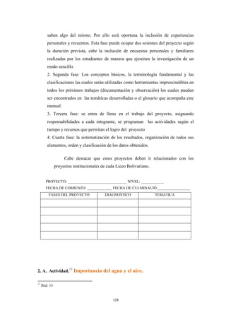 saben algo del mismo. Por ello será oportuna la inclusión de experiencias
personales y recuentos. Esta fase puede ocupar dos sesiones del proyecto según
la duración prevista, cabe la inclusión de encuestas personales y familiares
realizadas por los estudiantes de manera que ejerciten la investigación de un
modo sencillo.
2. Segunda fase: Los conceptos básicos, la terminología fundamental y las
clasificaciones las cuales serán utilizadas como herramientas imprescindibles en
todos los próximos trabajos (documentación y observación) los cuales pueden
ser encontrados en las temáticas desarrolladas o el glosario que acompaña este
manual.
3. Tercera fase: se entra de lleno en el trabajo del proyecto, asignando
responsabilidades a cada integrante, se programan las actividades según el
tiempo y recursos que permitan el logro del proyecto
4. Cuarta fase: la sistematización de los resultados, organización de todos sus
elementos, orden y clasificación de los datos obtenidos.
Cabe destacar que estos proyectos deben ir relacionados con los
proyectos institucionales de cada Liceo Bolivariano.
PROYECTO: _______________________________ NIVEL: ____________
FECHA DE COMIENZO: _____________ FECHA DE CULMINACIÒ:_________________
FASES DEL PROYECTO DIAGNOSTICO TEMATICA
2. A. Actividad.17
Importancia del agua y el aire.
17
Ibíd. 13
128
 