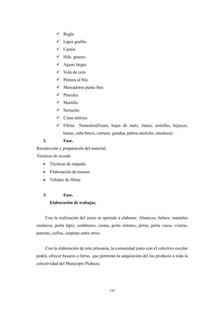 Regla
Lápiz grafito
Cartón
Hilo grueso
Aguas largas
Vela de cera
Pintura al frio
Marcadores punta fina
Pinceles
Martillo
Serrucho
Cinta métrica
Fibras Naturales(Eneas, hojas de maíz, Junco, semillas, bejucos,
lianas, caña brava, carruzo, guadua, palma moriche, musácea)
2. Fase.
Recolección y preparación del material
Técnicas de secado
• Técnicas de raspado
• Elaboración de trenzas
• Teñidos de fibras
3. Fase.
Elaboración de trabajos.
Con la realización del curso se aprende a elaborar: Abanicos, bolsos, manteles
muñecos, porta lápiz, sombreros, cestas, porta retratos, jarras, porta vasos, viseras,
paneras, cofres, carpetas entre otros.
Con la elaboración de esta artesanía, la comunidad junto con el colectivo escolar
podrá, ofrecer basares o ferias que permitan la adquisición del los producto a toda la
colectividad del Municipio Pedraza.
133
 