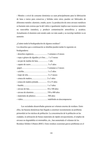 - Metales: a nivel de consumo doméstico se usan principalmente para la fabricación
de latas o tarros para conservas y bebidas entre otros; pueden ser fabricados de
diferentes metales: aluminio, estaño, acero. La producción de estos envases metálicos
es bastante más costosa que la del vidrio e igualmente implica usar recursos naturales
no renovables (metales), y producir contaminación atmosférica y acuática.
Actualmente el aluminio está siendo cada vez más usado y su reciclaje también va en
aumento.
¿Cuánto tarda la biodegradación de algunos residuos?
Los desechos que a continuación se detallan pueden tardar lo siguiente en
biodegradarse:
- desechos orgánicos........................... 3 semanas a 4 meses
- ropa o género de algodón y/o lino...... 1 a 5 meses
- un par de medias de lana.................... 1 año
- zapato de cuero.................................. 3 a 5 años
-papel.................................................. 3 semanas a 2 meses
- celofán............................................... 1 a 2 años
- trapo de tela....................................... 2 a 3 meses
- estaca de madera.............................. 2 a 3 años
- estaca de madera pintada................. 12 a 15 años
- bambú............................................... 1 a 3 años
- envase de lata................................... 10 a 100 años
- envase de aluminio........................... 350 a 400 años
- materiales de plástico........................ 500 años
- vidrio................................................. indefinido en descomponerse
Las sociedades desarrolladas generan un volumen enorme de residuos. Entre
ellos, las basuras domésticas han llegado a constituir recientemente un problema
primordial en los núcleos de población. La concentración de la población en las
ciudades, la utilización de bienes materiales de rápido envejecimiento, el empleo de
envases no degradables ni retornables, etc., han aumentado el volumen de los
Residuos Sólidos Urbanos (RSU). Estos residuos ocasionan graves problemas en el
180
 