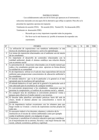INSTRUCCIONES
- Lea cuidadosamente cada uno de los ítems que aparecen en el instrumento y
seleccione marcando con una equis (X) la alternativa que refleje su opinión. Para ello se le
presentan las siguientes opciones de respuesta:
Totalmente de acuerdo (TDA) De acuerdo (DA) Neutral (N) En desacuerdo (DE)
Totalmente en desacuerdo (TDE)
- Recuerde que es muy importante responder todas las preguntas.
- Por favor sea lo más honesto (a) posible al momento de responder este
cuestionario.
Nº ITEMES TDA DA N DE TDE
1 La utilización de exposiciones con temáticas ambientales es una
técnica de enseñanza que promueve y activa los aprendizajes.
2 Los temas de exposición relacionados con el ambiente son de interés
de los estudiantes.
3 Es importante el desarrollo de contenidos relacionados con la
realidad ambiental, donde el alumno establece una relación directa
con su entorno social
4 La presentación de situaciones relacionadas con el medio natural que
rodea a los estudiantes permite que estos aprecien en forma directa
la realidad de su comunidad.
5 Es de importancia utilizar en el aula de clase especialistas del área de
ambiente para proporcionar conocimientos de educación ambiental a
los estudiantes.
6 El método inductivo que va de lo particular a lo general es el más
apropiado para la enseñanza del aprendizaje
7 El método deductivo el cual parte de lo general a lo particular será el
más adecuado para la enseñanza de cualquier temática
8 Es conveniente proporcionar a los estudiantes situaciones que les
permitan la comprensión y el análisis de su entorno social y natural.
9 En cualquier área de enseñanza es conveniente promover visitas a
parques para observar el medio natural y sus recursos.
10 El docente debe planificar actividades prácticas fuera del aula de
clases, donde el alumno plasme sus conocimientos a través de
resúmenes.
11 Es de importancia realizar excursiones con los alumnos para que
luego reseñe su vivencia a través de expresiones escritas propias de
cada uno.
12 Es necesario inducir a los docentes, alumnos y colectivo de la
institución en el rescate de valores ambientales como por ejemplo
cuidar el ambiente natural y no malgastar el agua.
13 Concienzar y sensibilizar el colectivo educativo para que contribuya
en el mejoramiento de su entorno, llevaría a una mejor forma de vida
social, cultural, económica, política y espiritual.
239
 