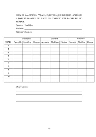 HOJA DE VALIDACIÒN PARA EL CUESTIONARIO QUE SERA APLICADO
A LOS ESTUDIANTES DEL LICEO BOLIVARIANO JOSE RAFAEL PULIDO
MÈNDEZ.
Nombres y Apellidos: __________________________________________________
Profesión: ___________________________________________________________
Fecha de validación: ___________________________________________________
Pertinencia Claridad Coherencia
ITEMS Aceptable Modificar Eliminar Aceptable Modificar Eliminar Aceptable Modificar Eliminar
1
2
3
4
5
6
7
8
9
10
11
Observaciones:________________________________________________________
____________________________________________________________________
____________________________________________________________________
____________________________________________________________________
____________________________________________________________________
245
 