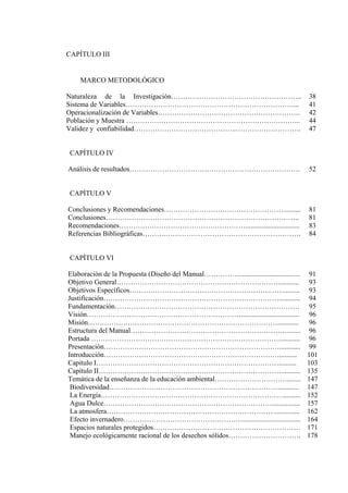 CAPÍTULO III
MARCO METODOLÓGICO
Naturaleza de la Investigación………………………………………………..
Sistema de Variables………………………………………………………………...
Operacionalizaciòn de Variables…………………………………………………….
38
41
42
Población y Muestra ………………………………………………………………... 44
Validez y confiabilidad……………………………………..………………………. 47
CAPÍTULO IV
Análisis de resultados……………………………………………………………….
CAPÍTULO V
52
Conclusiones y Recomendaciones…………………………………………….......... 81
Conclusiones……………………………………………………………………….. 81
Recomendaciones………………………………………………............................... 83
Referencias Bibliográficas……….…………………………………………………. 84
CAPÍTULO VI
Elaboración de la Propuesta (Diseño del Manual……………...................................
Objetivo General……………………………………………………………............
Objetivos Específicos………………………………………………………….........
Justificación…………………………………………………………………............
Fundamentación…………………………………………………………………….
Visión………………………………………………………….................................
Misión………………………………………………………………………............
Estructura del Manual………………………………………………………….........
Portada ………………………………………………………………………...........
Presentación…………………………………………………………………............
Introducción…………………………………………………………………..........
Capítulo I……………………………………………………………………..........
Capítulo II……………………………………………………………………...........
Temática de la enseñanza de la educación ambiental………………………….........
Biodiversidad………………………………………………………………............
La Energía……………………………………………………………………..........
Agua Dulce………………………………………………………………................
La atmosfera………………………………………………………………..............
Efecto invernadero…………………………………………….................................
Espacios naturales protegidos………………………………………………………
Manejo ecológicamente racional de los desechos sólidos………………………….
91
93
93
94
95
96
96
96
96
99
101
103
135
147
147
152
157
162
164
171
178
 