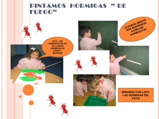 PINTAMOS HORMIGAS “ DE
FUEGO”
ELIA: LAS
HORMIGAS ROJAS
SE LLAMAN
HORMIGAS DE
FUEGO Y
MUERDEN
MIRAMOS CON LUPA
LAS HORMIGAS DEL
PATIO
ALGUNOS AMIGOS
NOS ENSEÑARON
A DIBUJAR
HORMIGUITAS
 
