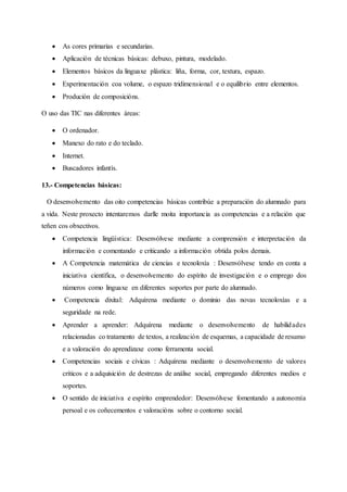  As cores primarias e secundarias.
 Aplicación de técnicas básicas: debuxo, pintura, modelado.
 Elementos básicos da linguaxe plástica: liña, forma, cor, textura, espazo.
 Experimentación coa volume, o espazo tridimensional e o equilibrio entre elementos.
 Produción de composicións.
O uso das TIC nas diferentes áreas:
 O ordenador.
 Manexo do rato e do teclado.
 Internet.
 Buscadores infantís.
13.- Competencias básicas:
O desenvolvemento das oito competencias básicas contribúe a preparación do alumnado para
a vida. Neste proxecto intentaremos darlle moita importancia as competencias e a relación que
teñen cos obxectivos.
 Competencia lingüística: Desenvólvese mediante a comprensión e interpretación da
información e comentando e criticando a información obtida polos demais.
 A Competencia matemática de ciencias e tecnoloxía : Desenvólvese tendo en conta a
iniciativa científica, o desenvolvemento do espírito de investigación e o emprego dos
números como linguaxe en diferentes soportes por parte do alumnado.
 Competencia dixital: Adquírena mediante o dominio das novas tecnoloxías e a
seguridade na rede.
 Aprender a aprender: Adquírena mediante o desenvolvemento de habilidades
relacionadas co tratamento de textos, a realización de esquemas, a capacidade de resumo
e a valoración do aprendizaxe como ferramenta social.
 Competencias sociais e cívicas : Adquírena mediante o desenvolvemento de valores
críticos e a adquisición de destrezas de análise social, empregando diferentes medios e
soportes.
 O sentido de iniciativa e espírito emprendedor: Desenvólvese fomentando a autonomía
persoal e os coñecementos e valoracións sobre o contorno social.
 