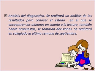  Análisis del diagnostico. Se realizará un análisis de los
resultados para conocer el estado en el que se
encuentran los alumnos en cuanto a la lectura, también
habrá propuestas, se tomaran decisiones. Se realizará
en colegiado la ultima semana de septiembre.
 