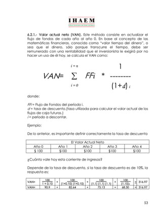 53
6.2.1.­ Valor actual neto (VAN). Este método consiste en actualizar el
flujo de fondos de cada año al año 0. En base al concepto de las
matemáticas financieras, conocido como “valor tiempo del dinero”, o
sea que el dinero, sólo porque transcurre el tiempo, debe ser
remunerado con una rentabilidad que el inversionista le exigirá por no
hacer un uso de él hoy, se calcula el VAN como:
i = n 1
VAN= å FFi * ­­­­­­­­
i = 0 (1+d)i
donde:
FFi = Flujo de Fondos del período i.
d = tasa de descuento.(tasa utilizada para calcular el valor actual de los
flujos de caja futuros.)
i = período a descontar.
Ejemplo:
De lo anterior, es importante definir correctamente la tasa de descuento
El Valor Actual Neto
Año 0 Año 1 Año 2 Año 3 Año 4
$ 100 $100 $100 $100 $100
¿Cuánto vale hoy esta corriente de ingresos?
Depende de la tasa de descuento, si la tasa de descuento es de 10%, la
respuesta es:
VAN=
__100__
1 + 0.10
+
__100__
(1+0.10) (1+0.10)
+
__100__
(1.1) (1.1) (1.1)
+
__100__
(1.10)4
= 316.97
VAN= 90.9 + 82.64 + 75.13 + 68.30 = 316.97
 