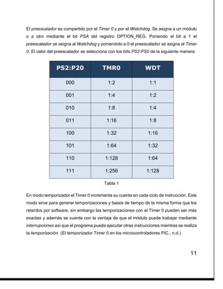 11
El preescalador es compartido por el Timer 0 y por el Watchdog. Se asigna a un módulo
o a otro mediante el bit PSA del registro OPTION_REG. Poniendo el bit a 1 el
preescalador se asigna al Watchdog y poniendolo a 0 el preescalador se asigna al Timer
0. El valor del preescalador se selecciona con los bits PS2:PS0 de la siguiente manera:
PS2:P20 TMR0 WDT
000 1:2 1:1
001 1:4 1:2
010 1:8 1:4
011 1:16 1:8
100 1:32 1:16
101 1:64 1:32
110 1:128 1:64
111 1:256 1:128
Tabla 1
En modo temporizador el Timer 0 incrementa su cuenta en cada ciclo de instrucción. Este
modo sirve para generar temporizaciones y bases de tiempo de la misma forma que los
retardos por software, sin embargo las temporizaciones con el Timer 0 pueden ser más
exactas y además se cuenta con la ventaja de que el módulo puede trabajar mediante
interrupciones así que el programa puede ejecutar otras instrucciones mientras se realiza
la temporización. (El temporizador Timer 0 en los microcontroladores PIC., n.d.)
 