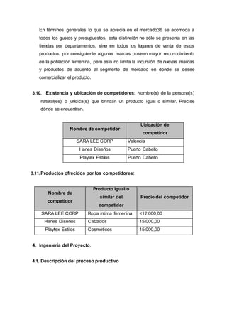 En términos generales lo que se aprecia en el mercado36 se acomoda a
todos los gustos y presupuestos, esta distinción no sólo se presenta en las
tiendas por departamentos, sino en todos los lugares de venta de estos
productos, por consiguiente algunas marcas poseen mayor reconocimiento
en la población femenina, pero esto no limita la incursión de nuevas marcas
y productos de acuerdo al segmento de mercado en donde se desee
comercializar el producto.
3.10. Existencia y ubicación de competidores: Nombre(s) de la persona(s)
natural(es) o jurídica(s) que brindan un producto igual o similar. Precise
dónde se encuentran.
Nombre de competidor
Ubicación de
competidor
SARA LEE CORP Valencia
Hanes Diseños Puerto Cabello
Playtex Estilos Puerto Cabello
3.11.Productos ofrecidos por los competidores:
Nombre de
competidor
Producto igual o
similar del
competidor
Precio del competidor
SARA LEE CORP Ropa íntima femenina <12.000,00
Hanes Diseños Calzados 15.000,00
Playtex Estilos Cosméticos 15.000,00
4. Ingeniería del Proyecto.
4.1. Descripción del proceso productivo
 