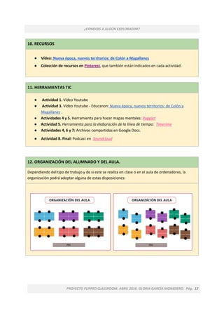 ¿CONOCES A ALGÚN EXPLORADOR?
PROYECTO FLIPPED CLASSROOM. ABRIL 2016. GLORIA GARCÍA MONEDERO. Pág. 12
10. RECURSOS
● Vídeo: Nueva época, nuevos territorios: de Colón a Magallanes
● Colección de recursos en Pinterest, que también están indicados en cada actividad.
11. HERRAMIENTAS TIC
● Actividad 1. Vídeo Youtube
● Actividad 3. Vídeo Youtube - Educanon: Nueva época, nuevos territorios: de Colón a
Magallanes .
● Actividades 4 y 5. Herramienta para hacer mapas mentales: Popplet
● Actividad 5. Herramienta para la elaboración de la línea de tiempo: Timerime
● Actividades 4, 6 y 7: Archivos compartidos en Google Docs.
● Actividad 8. Final: Podcast en Soundcloud
12. ORGANIZACIÓN DEL ALUMNADO Y DEL AULA.
Dependiendo del tipo de trabajo y de si este se realiza en clase o en el aula de ordenadores, la
organización podrá adoptar alguna de estas disposiciones:
 