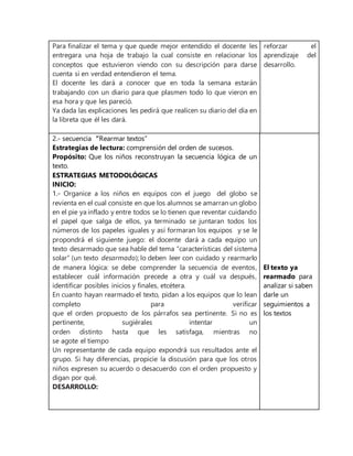 Para finalizar el tema y que quede mejor entendido el docente les
entregara una hoja de trabajo la cual consiste en relacionar los
conceptos que estuvieron viendo con su descripción para darse
cuenta si en verdad entendieron el tema.
El docente les dará a conocer que en toda la semana estarán
trabajando con un diario para que plasmen todo lo que vieron en
esa hora y que les pareció.
Ya dada las explicaciones les pedirá que realicen su diario del día en
la libreta que él les dará.
reforzar el
aprendizaje del
desarrollo.
2.- secuencia “Rearmar textos”
Estrategias de lectura: comprensión del orden de sucesos.
Propósito: Que los niños reconstruyan la secuencia lógica de un
texto.
ESTRATEGIAS METODOLÓGICAS
INICIO:
1.- Organice a los niños en equipos con el juego del globo se
revienta en el cual consiste en que los alumnos se amarran un globo
en el pie ya inflado y entre todos se lo tienen que reventar cuidando
el papel que salga de ellos, ya terminado se juntaran todos los
números de los papeles iguales y así formaran los equipos y se le
propondrá el siguiente juego: el docente dará a cada equipo un
texto desarmado que sea hable del tema “características del sistema
solar” (un texto desarmado); lo deben leer con cuidado y rearmarlo
de manera lógica: se debe comprender la secuencia de eventos,
establecer cuál información precede a otra y cuál va después,
identificar posibles inicios y finales, etcétera.
En cuanto hayan rearmado el texto, pidan a los equipos que lo lean
completo para verificar
que el orden propuesto de los párrafos sea pertinente. Si no es
pertinente, sugiérales intentar un
orden distinto hasta que les satisfaga, mientras no
se agote el tiempo
Un representante de cada equipo expondrá sus resultados ante el
grupo. Si hay diferencias, propicie la discusión para que los otros
niños expresen su acuerdo o desacuerdo con el orden propuesto y
digan por qué.
DESARROLLO:
El texto ya
rearmado para
analizar si saben
darle un
seguimientos a
los textos
 