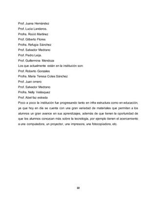 10
Prof. Juana Hernández
Prof. Lucia Landeros.
Profra. Roció Martínez
Prof. Gilberto Flores
Profra. Refugia Sánchez
Prof. Salvador Medrano
Prof. Pedro Leija.
Prof. Guillermina Mendoza
Los que actualmente están en la institución son:
Prof. Roberto Gonzales
Profra. María Teresa Cotes Sánchez
Prof. Juan omero
Prof. Salvador Medrano
Profra. Nelly Velásquez
Prof. Abel faz estrada
Poco a poco la institución fue progresando tanto en infra estructura como en educación,
ya que hoy en día se cuenta con una gran variedad de materiales que permiten a los
alumnos un gran avance en sus aprendizajes, además de que tienen la oportunidad de
que los alumnos conozcan más sobre la tecnología, por ejemplo tienen el acercamiento
a una computadora, un proyector, una impresora, una fotocopiadora, etc.
 